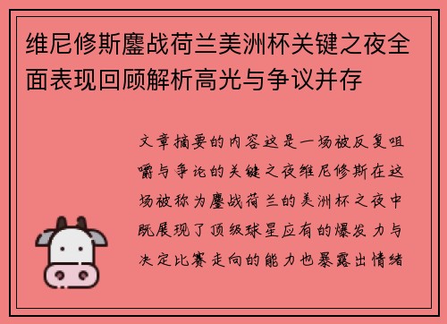维尼修斯鏖战荷兰美洲杯关键之夜全面表现回顾解析高光与争议并存